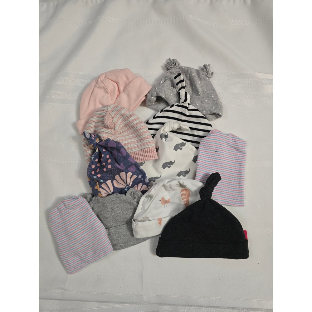 Lot of 11 Newborn Baby Beanies Mixed Brands Knot Top Bear Ears‎ Stripes Floral